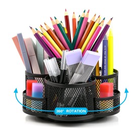 BATINO Pen Holder for Desk 360° Rotating Pen Pencil Holder Pots Mesh Desk Tidy Desktop Stationary Organizer Desk Tidy Organiser with 7 Compartments for Home School Office (Black)