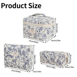 LYkotama Makeup Bag Set, Large Travel Cosmetic Bags for Women, 3pcs Cute Floral Makeup Bags, Cotton Quilted Toiletry Organizer Bag, Women's Emergency Bag (Flower-Deep Blue)