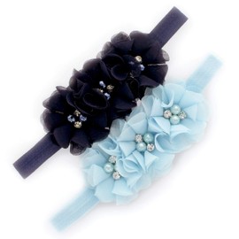 My Lello Baby Flower Headbands Fabric Beaded Trio Stretchy Elastic Pair (Navy/Frosty Blue)