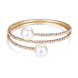 Kicomvi Imitition Pearl Stretch Bracelet Multilayer Crystals Pearl Elastic Bangle for Women Wedding Jewelry 1920s Costume-E gold