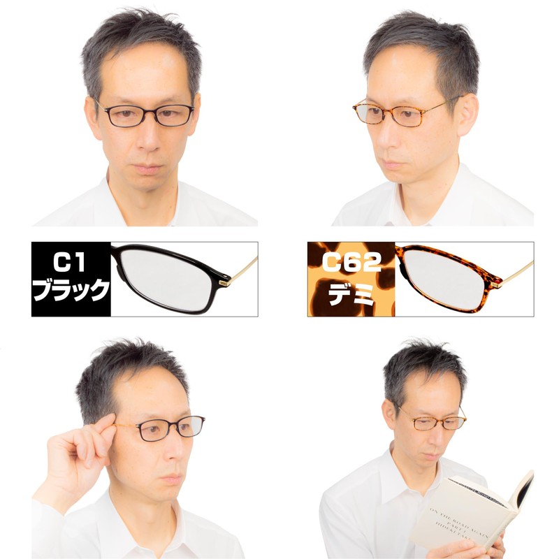 GALAXSEE 老眼鏡 超薄型 ブルーライトカット ステンレス合金フレーム カジュアル ハードケース付 GA-203 (C1 ブラック,