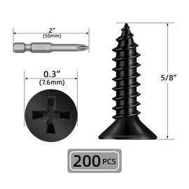 #8 x 5/8" 200 PCS Flat Head Sheet Metal Screws, Phillips Drive Self Tapping Screws, Stainless Steel Countersunk Head Wood Screws, Black Coating