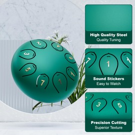 Lidguni Steel Tongue Drum 6 Inch 8 Notes, Tongue Drum C major, Hang Drum Instrument, Handpan Drum for Kids, Ethereal Drum for Rain Meditation Yoga Musical Education, Green