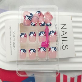 4th of July Press on Nails Short Square False Nails with White Star Dots Designs Blue Red French Tip Fake Nails Press ons Independence Day Glue Stick on Nails for Women 24 Pcs