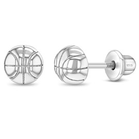 925 Sterling Silver Polished Basketball Safety Screw Back Earrings For Little Girls and Preteens - Children's Sports Ball Stud Earrings - Basketball Sports Themed Girls Earrings
