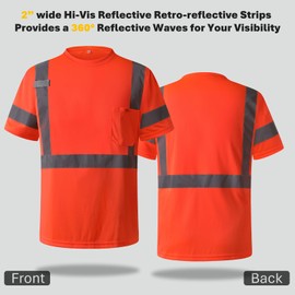 JKSafety Hi Vis Shirts for Men Women Class 3 High Visibility Shirts with Reflective Strips and Pockets Short Sleeves Safety T Shirt High Vis Construction Work Shirt (TS400-Orange L)