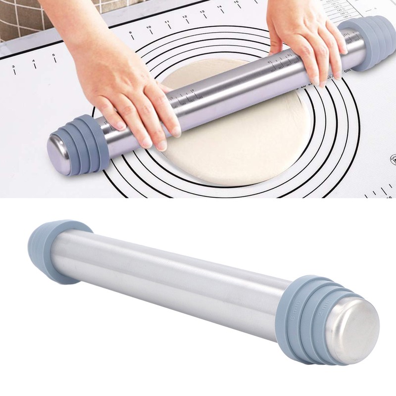Rolling Pin Dough Roller Stainless Steel with 4 Silicone Guide