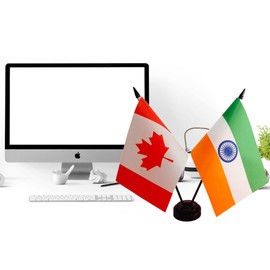 Canada India Friendship Flag, Indian Desk Flag,Canada Indian Desk Flag,Twin Table Flag，Indian Office Table Flag on Stand Base, Decorations for Offices, Families, Conference rooms
