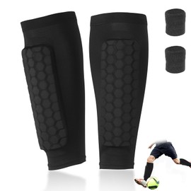 Children's Football Shin Pads, 1 Pair of Shin Pads, Children's Football and 1 Pair of Sweatband Wrists, Breathable and Non-Slip, Designed for Adolescent Football Players
