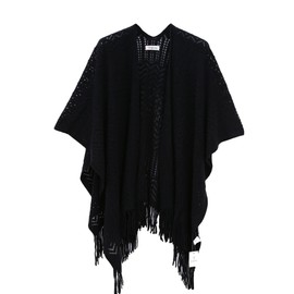 Knit Shawl Wrap for Women - Soul Young Ladies Fringe Knitted Poncho Blanket Cardigan Cape(One Size,Black)