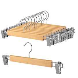 34cm Natural Wooden Pants Hangers,10pcs Heavy Duty Wood Trouser Hangers,Skirt Hanger Organizer with Adjustable Anti-Slip Chrome Clips, Space Saving Solid Clothes Hangers (10Pack)