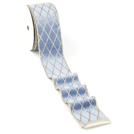 Mayreel Dusty Blue and Gold Christmas Tree Ribbon 2.5 Inch, Metallic Diamond Glitter Velvet Wired Edge Lattice Ribbon for Gift Wrapping, Floral Craft, Bows, Wreaths, Garland, Holiday Decor,10 Yards