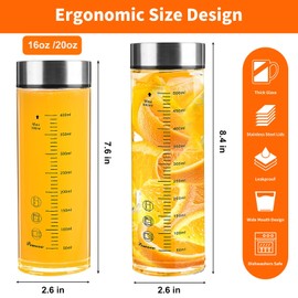 Glass Juice Bottles 6 Pack 20 oz - Wide Mouth Glass Water Bottles with Lids - for Juicing, Protein, Smoothie, Milk, Reusable, BPA Free, Stainless Steel Lids, Blender, Shaker Bottle (20oz/600ml)