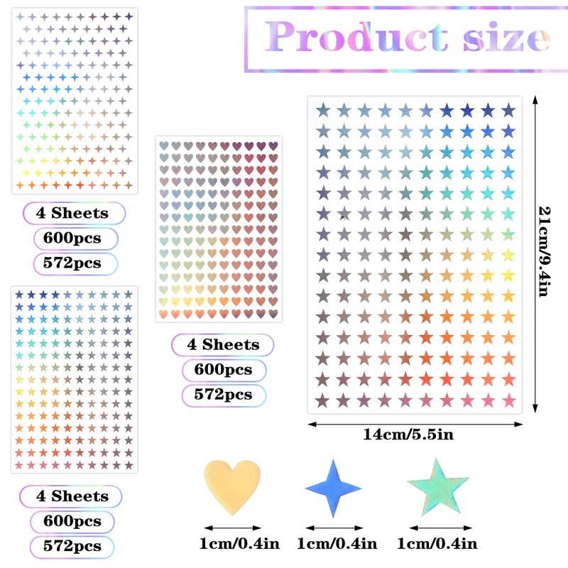 1800PCS Holographic Stickers, 12 Sheets Small Star Stickers, Self-Adhesive Tiny