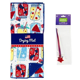 Seasonal Kitchen Dish Drying Mat: Fun Patriotic Flags Stars and Stripes (Mason Jar)