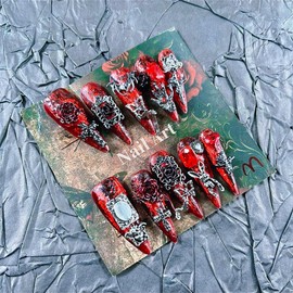 Press on Nails Handmade Nails 10Pcs Dark Gothic Style Manual Press on Nails Bloody Mary Fake Nails for Women Party Holiday Photo Size M