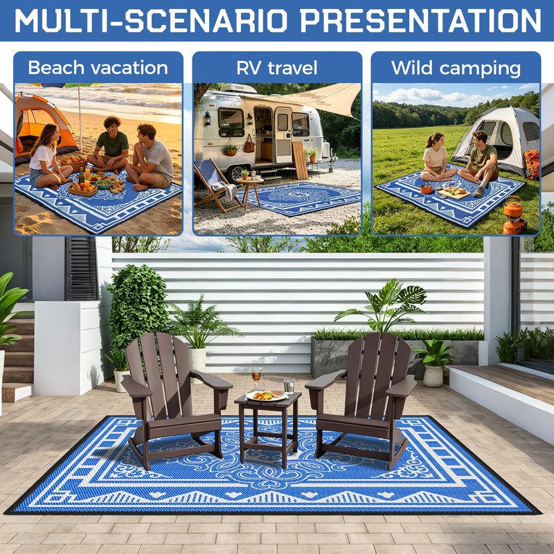 6'x9' Waterproof Blue Floral Reversible Outdoor Rug UV Fade Resistant