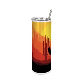 Ambesonne Arizona 20 Oz Skinny Tumbler, Sunset View Illustration with Mountains Horizon Large Saguaro Cactus Silhouettes, Leak-Proof Straw Lid and Brush Vacuum Insulated for Outdoor Use, Multicolor