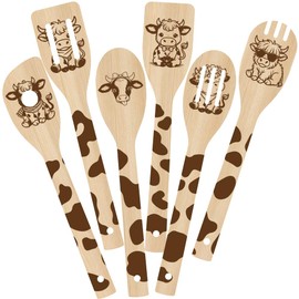 PRESSINART 6Pcs 6 Styles Cow Cooking Utensils Set for Kitchen 2.4 x 11.8 Inch Bamboo Durable Utensils, Cute Kitchen Wooden Spoons for Housewarming Wedding Anniversary Thanksgiving Birthday Gift Use