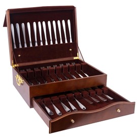 Silverware Storage Box,2 Layers Wooden Silverware Chest with Drawer,Silverware Case with Handle and Felt Lined,15.35" x 11.41" Flatware and Utensil Organizer for Kitchen,Black(Flatware Not Included)