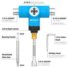 Zeato All-in-One Skate Tools Multi-Function Portable Skateboard T Tool Accessory with T-Type Allen Key and L-Type Phillips Head Wrench Screwdriver - Upgrade Blue & Silver