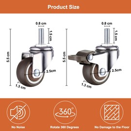 M8 x 15mm Heavy Duty Castor Wheels, 2 Pcs Lockable Caster With Brakes + 2 Pcs 360° Swivel Caster Wheels, Silent Casters, Maximum load capacity 40kg, for Furniture Carts Trolley Baby Bed Table Shelf
