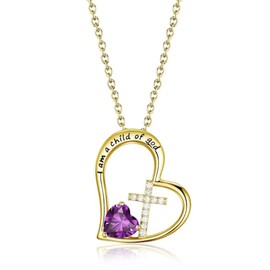 BAOWING Birthstone Cross Necklace for Little Girls Baptism First Communion Gifts Easter Birthday Christmas Gifts Kids Girls Jewelry for Goddaughter Godchild Teens Women 14K Gold Plated February