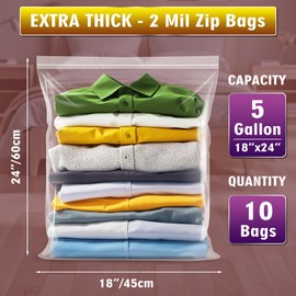 Extra Large 5 Gallon Zippered Plastic Bags for Storage- 18'' x 24'', Ideal for Clothes Clothing, Travel, Moving, 2-mil Thick Clear Plastic, 10 pack