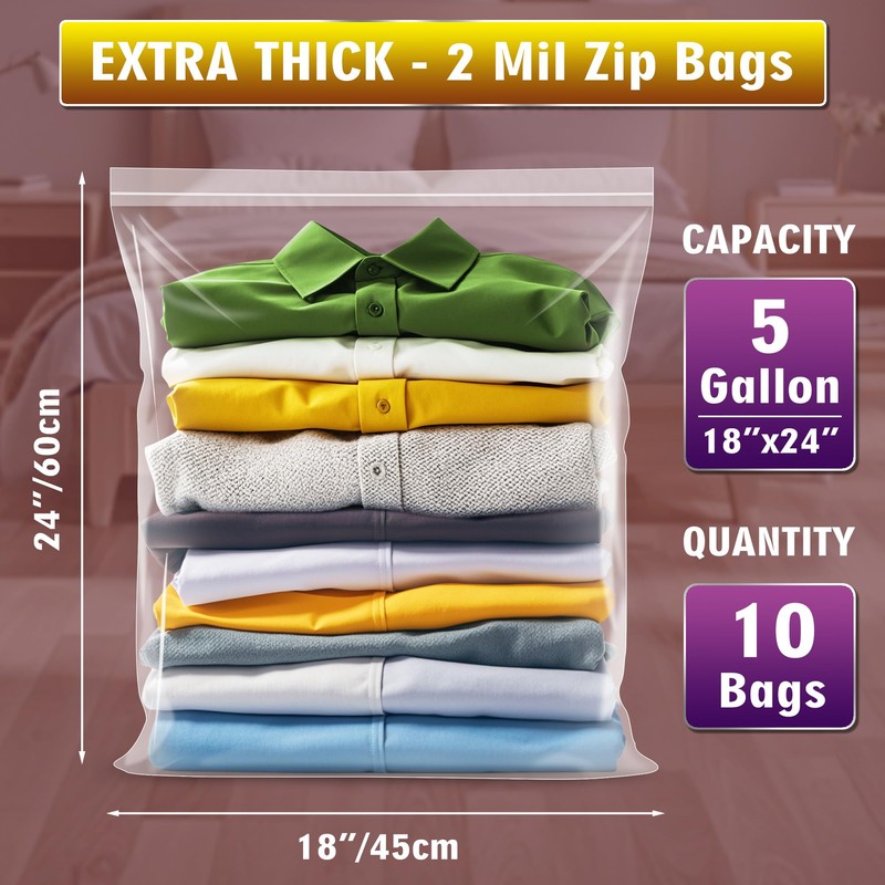 Extra Large 5 Gallon Zippered Plastic Bags for Storage- 18''