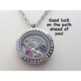 Custom Graduate Circle Crystal Edge Floating Charm Locket Necklace, Stainless Steel Locket, Graduation 2023, 2024, 2025 or 2026, Reach for the Stars