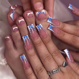 48pcs French Tip Fake Toenails Long Coffin Press On Nails Square False Nails Toenails With Design Summer Acrylic Nails Full Cover Glue On Nails Artificial Glossy Reusable Stick On Nails For Women