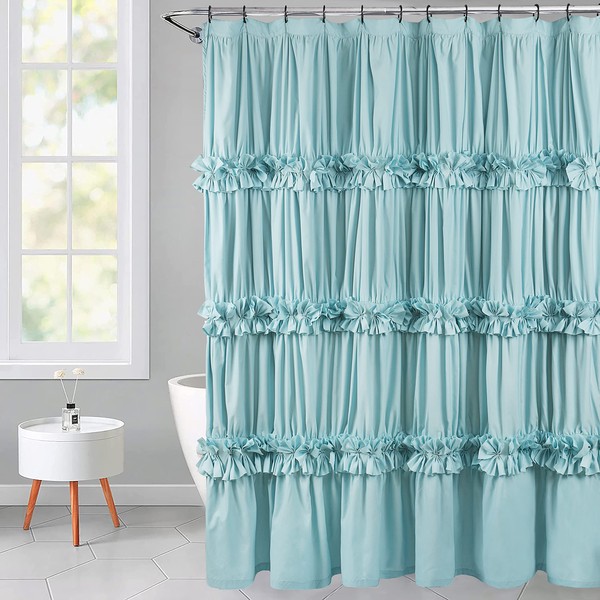 Homechoice Decor Spa Blue Ruffle Shower Curtain, Vintage Handcrafted Bow Tie Bath Curtain for Master Bathroom, Ruched Microfiber Bathroom Curtain with 12 Buttonholes, 72" W x 72" H (LQ-10)