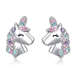 Uooker Einhorn Ohrstecker Mädchen Frauen S925 Sterling Silber Hypoallergene Ohrstecker mit bunten funkelnden CZ Stein niedlichen Einhorn Ohrstecker Schmuck Geschenke für Frauen Mädchen