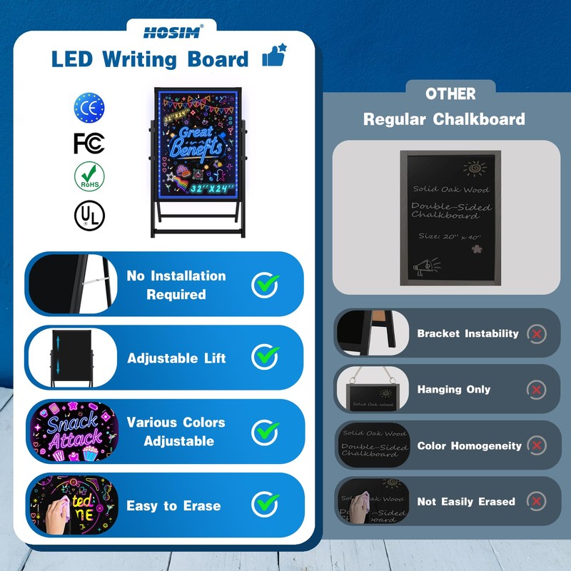 Hosim Standing A-Frame LED Message Writing Board, 32”x 24" Illuminated