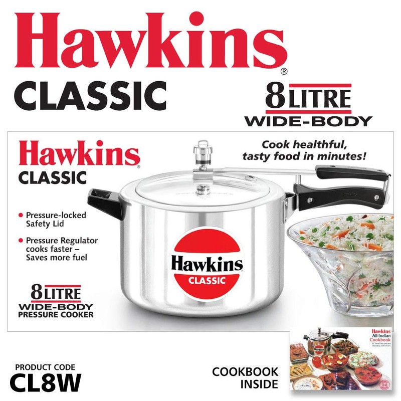 Hawkins Classic 8 Litre Aluminium Inner Lid Pressure Cooker, Wide