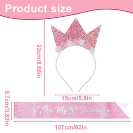 NHQZ 5 Year Birthday Crown, Crown 5 Year Birthday Girl with Rose Flowers, Girls Birthday Headband, Ceremonial Belt, Pack of 2