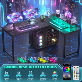 Cyclysio L Shaped Gaming Desk with Wood Cabinet, 58" Large Corner Desk with LED Lights & Power Outlet, Reversible Computer Desk with Monitor Stand, Home Office Desk 2 Person Corner Desk, Grey Oak