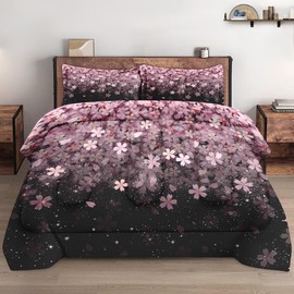 WeCozy Queen Size Comforter Set with 2 Pillowcases, Spring Cherry Pink Flower Tree Soft 3 Pcs Bedding for Kids and Adults Bedroom Bed Decor