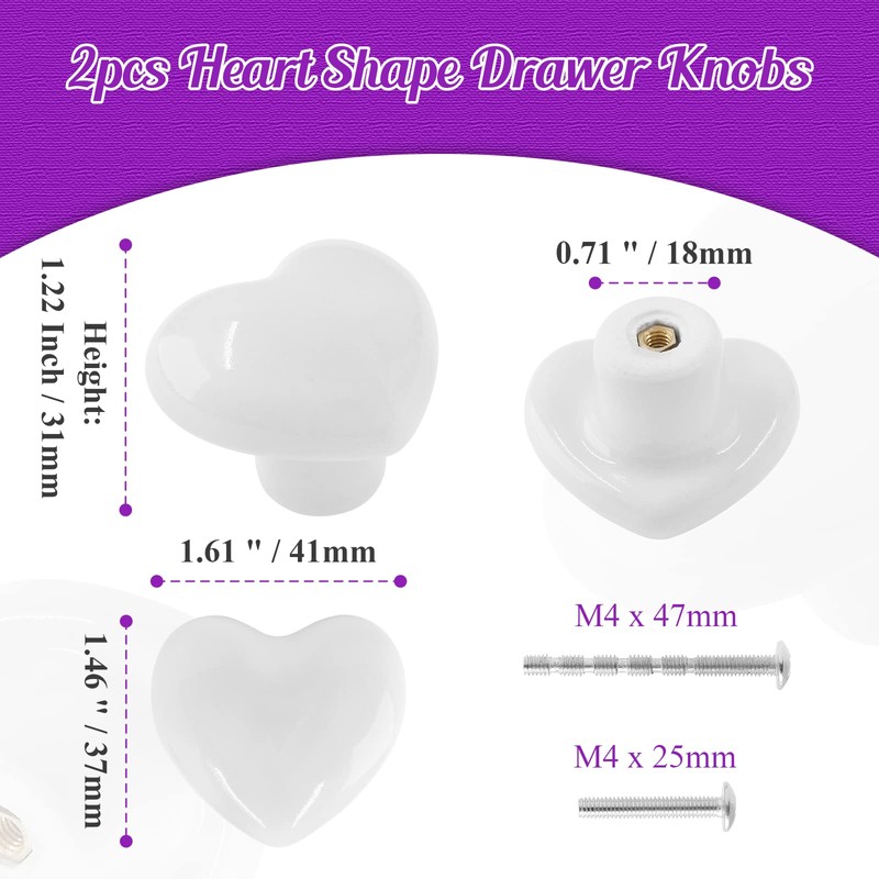 Qjaiune 2pcs Ceramic Cabinet Knobs White Drawer Knobs, Heart Shaped