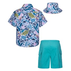 MOHEZ Boys Hawaiian Shirt and Short Set Summer Outfit Kids 2 Piece Festival Clothes Button Down Printed Shirts Set With Bucket Hat White 7-8 Years Old