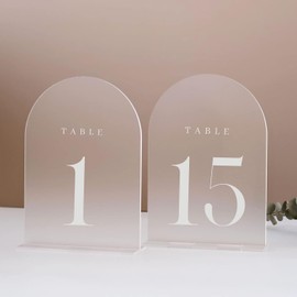 Números de mesa de arco esmerilado para boda, paquete de 15 piezas de 13 x 18 cm con arco esmerilado acrílico con soporte, números del 1 al 15, para decoración de mesa de boda