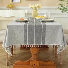 Laolitou Rustic Tablecloth Cotton Linen Waterproof Tablecloths Table Cloths for Kitchen Dining,Party,Holiday,Christmas, Buffet Grey Lines Square,55''x55''