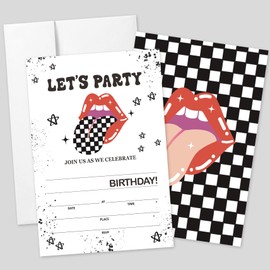 20 Sets Let's Party Preppy Birthday Invitations With Envelopes,Pop Art Lips with Checkered Tongue Double-sided Printed Birthday Party Invitation Invite Cards for Girls Boys,Preppy Birthday Invites
