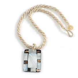 Avalaya Rectangular Shell Pendant with Antique White Beaded Twisted Cord Necklace in Silvery Grey/Brown Colours - 44cm Long