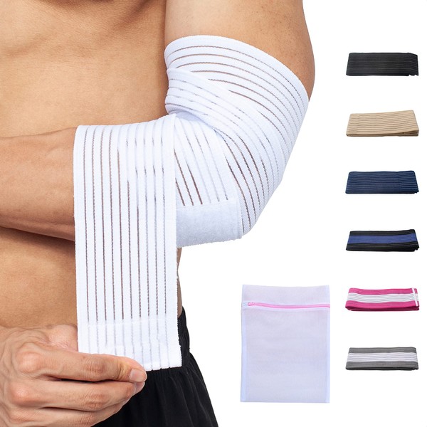 360 RELIEF Elbow Support Compression Bandage - Fitness, Gym, Workout, Squats, Weightlifting, Muscle Pain, Sprains, Sports Injuries | White with Mesh Laundry Bag |