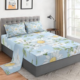 WeCozy Twin Size 3 Pcs Bed Fitted Sheet Set with 14" Deep Pocket, Wildflower Daisy Flat Sheet Set for Kids and Adults, Blossom Flower Floral Bedding with Pillowcase for Bedroom Decor