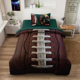 Leaflin Teen Boy Football Bedding Set Twin Size, 4 Pieces American Football Comforter Set Twin, Kids Sports Bedding Bed in a Bag Set, Green Brown