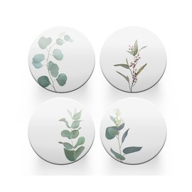 4 x Round Sage Green Coasters - Leaves Leaf Pattern Floral Women Set Theme House Warming Circle Drinks Kitchen Decoration Décor Gift #80206