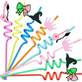 24pcs Witch Reusable Drinking Straws Plastic Cocktail Crazy Silly Straws for Green Pink Birthday Party Favors Decoration Supplies
