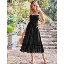 Summer Beach Dress for Womenr Maxi Dress Smocked Spaghetti Strap Flowy A Line Long Sun Dresses with Pockets Black M